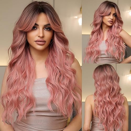 Doremiy Pelucas largas onduladas de color negro y rosa para mujer, peluca rizada sintética natural resistente al calor, pelucas de fibra para uso