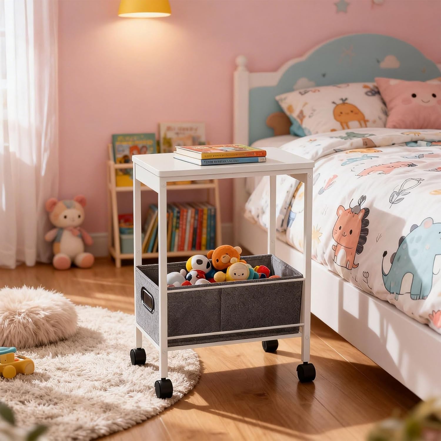 Rolling Cart with Wheels, Slim Narrow Side Table with Storage Basket, Metal Mobile End Table & Nightstand for Small Spaces, Living Room Bedroom Sofa Table, White