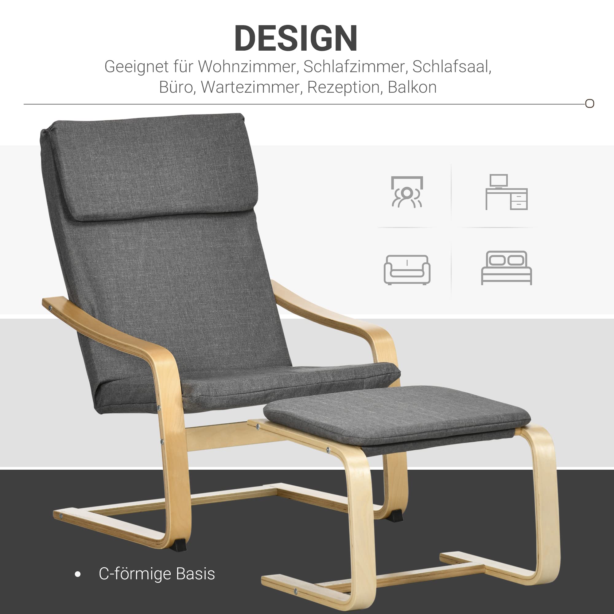 HOMCOM Relaxsessel mit Hocker Sessel Loungesessel mit Leinenoptik, Modern Fernsehsessel, Polstersessel Armlehnensessel für Wohnzimmer, Schlafzimmer, Grau