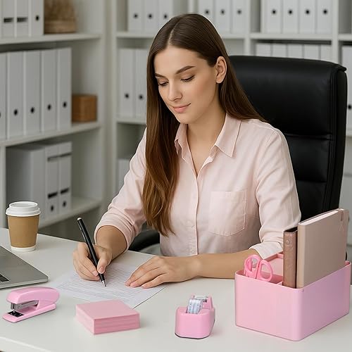 Miniatura 7 de Organizadores y accesorios de escritorio rosas de 12 + 1 pieza, suministros de oficina para escritorio, organizador de bolígrafos con 2 cajones con