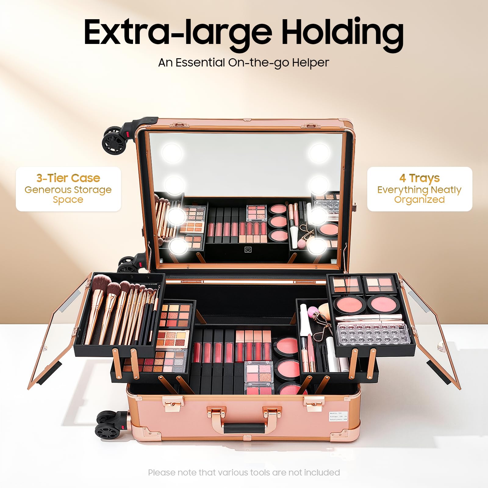 Maletín de Maquillaje Profesional con Luz LED y Espejo, Trolley de Maquillaje con Ruedas 360°, Patas Ajustables, Estación de Belleza Portátil para Maquilladores, Peluquería, Estética y Uñas