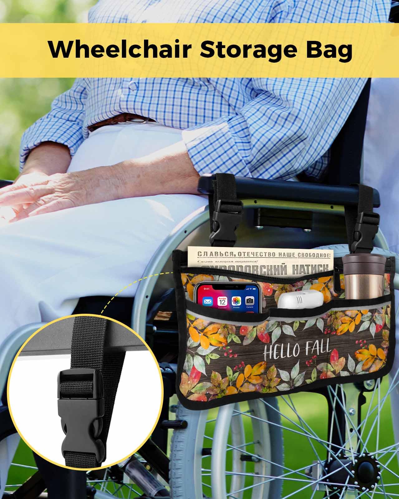 Anzona Orange Red Leaves Wheelchair Side Bag Walker Bag, Fall Rustic Botanical Burlap Wheelchair Accessories Armrest Pouch, Organizer Storage Bag for Walkers, Rollators, Scooters, 7.3''x13''