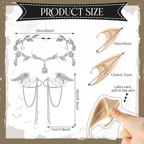 Miniatura 2 de Juego de 8 piezas de disfraz de Halloween de hada con corona de hojas de diamantes de imitación, diadema con diadema de orejas de elfo y 2 pares de