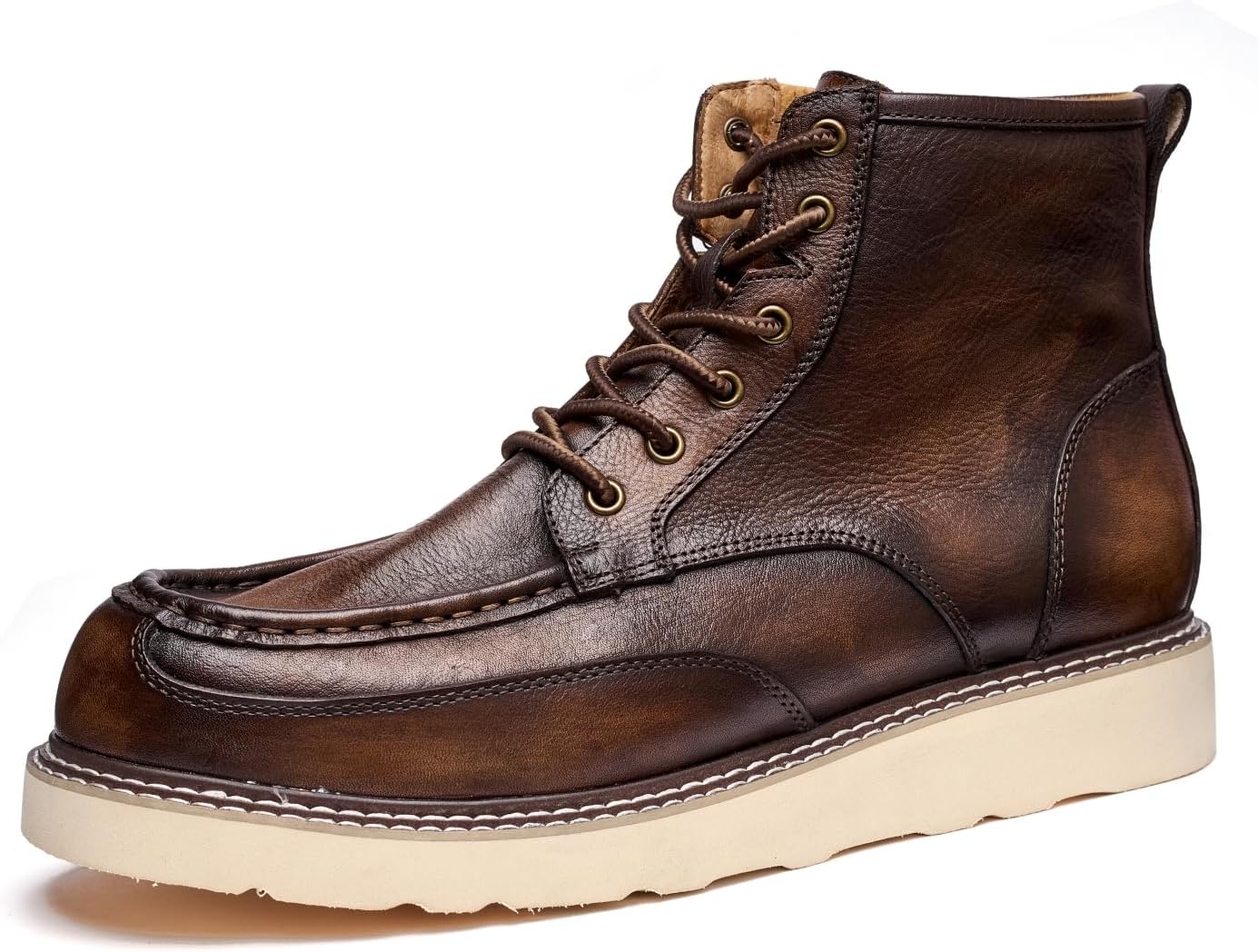 Specell Handcrafted Vintage High-Top Men's Work Boots - Retro Style & Timeless Durability, Soft Toe, Waterproof Casual Leather, Brown, Lace-Up Comfortable Moccasin Toe