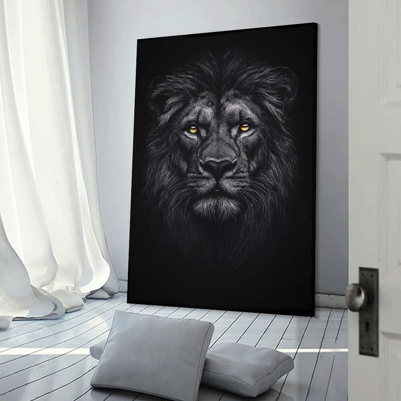 Junmoney Wall Art Print Black Lion with Golden Eyes, 20x30inch(50x75cm), for Bedrooms, Workspaces And Everyday Interiors, Stylish Home Artwork for Focal Walls