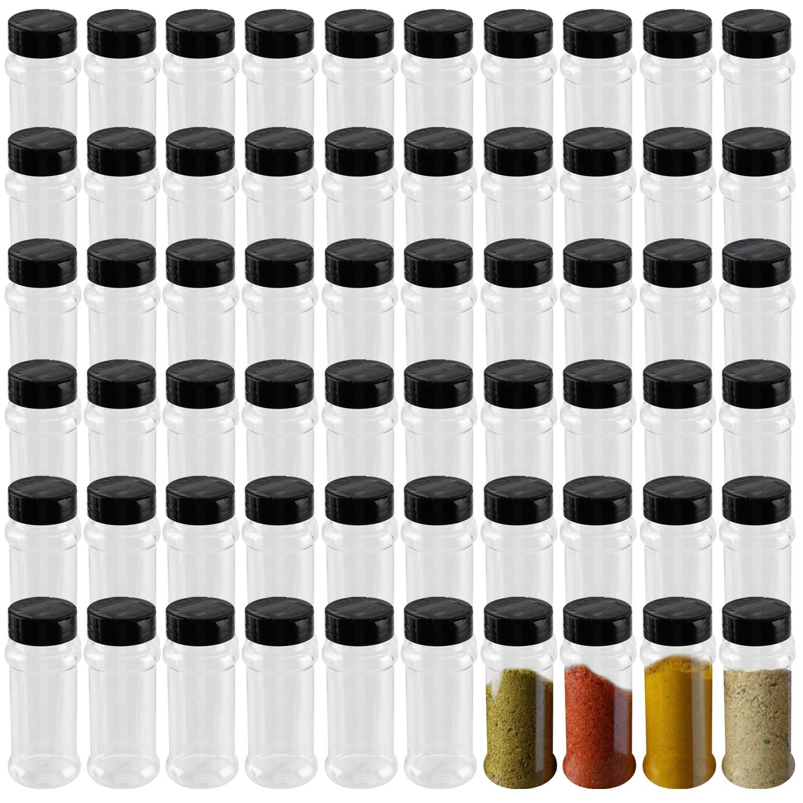 MUKLEI Lot de 60 pots à épices en plastique transparent avec couvercles noirs pour assaisonnement, pots à épices vides pour poivre