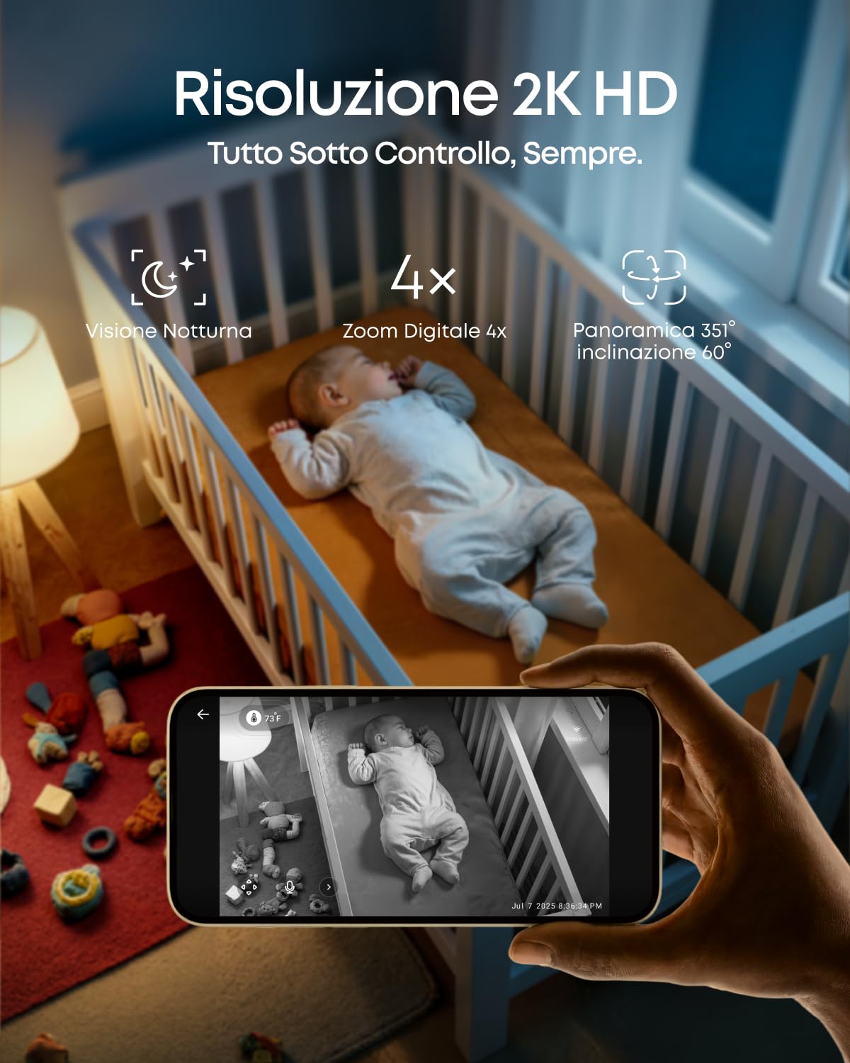eufy Security C10: Monitor 2K, LCD 4,5" 480p, Zoom x4, Pan/Tilt, Notte. Ibrido senza Wi-Fi, 12h batt. Rileva moto, pianto, rumori, temp. Audio 2-vie, VOX.