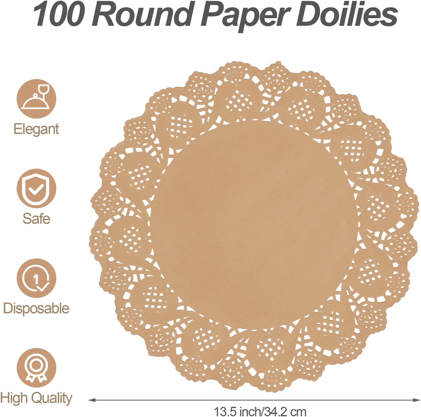 MCEAST 100 Pack Round Brown Kraft Paper Doilies 13.5 Inches Lace Paper Place Mats Rustic Scallop Doily Disposable Table Pads for Food Cakes Crafts Party Weddings Tableware Decor