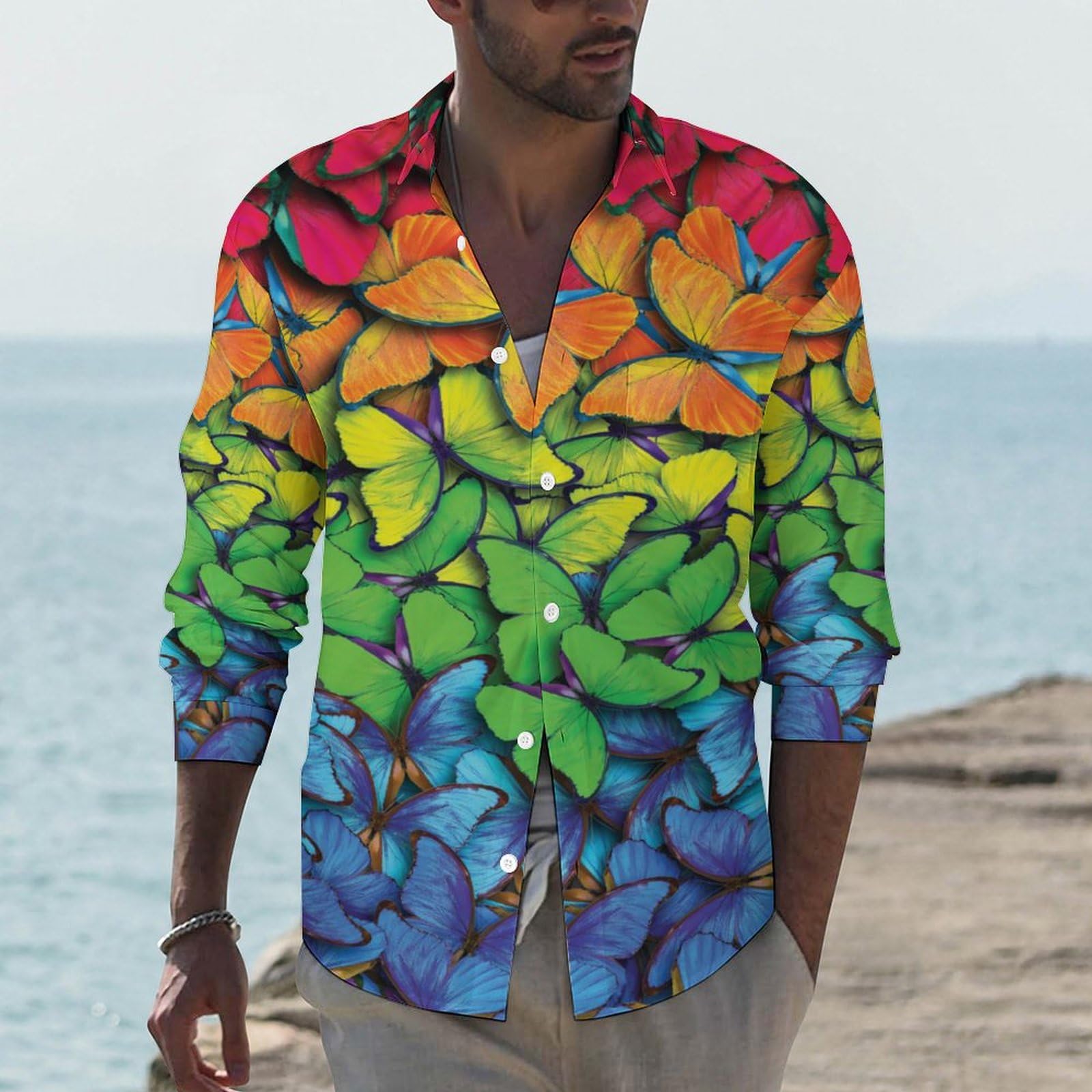 Amazon.co.jp: カラフル 蝶柄 メンズ シャツ 秋服 長袖 Tシャツ