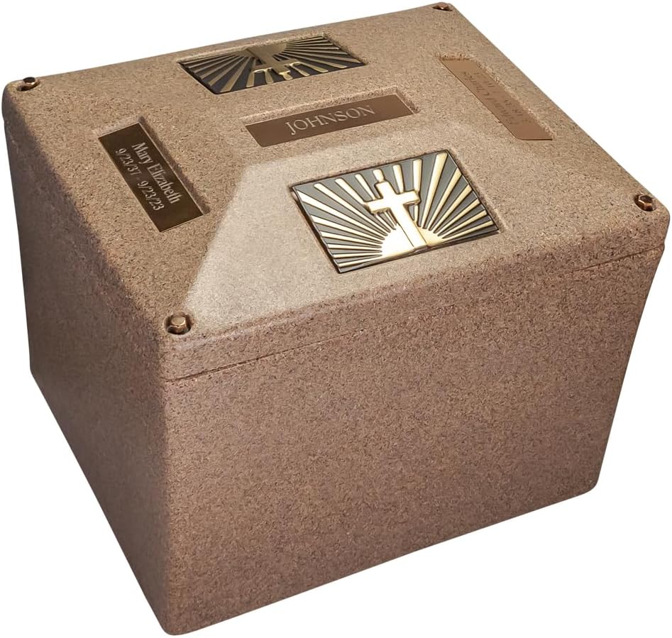 Tyton Sandstone Double Urn Vault - Cross & Ray, Urn Vault for Ground Burial, Holds Two Adult Cremation Urns for Human Ashes, Durable and Secure for Cemetery Burial