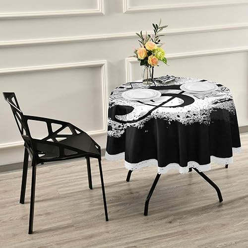 Miniatura 5 de Decoración de mesa para fiesta Gunge negro notas musicales, mantel redondo de poliéster musical retro, mantel redondo de encaje blanco de 60