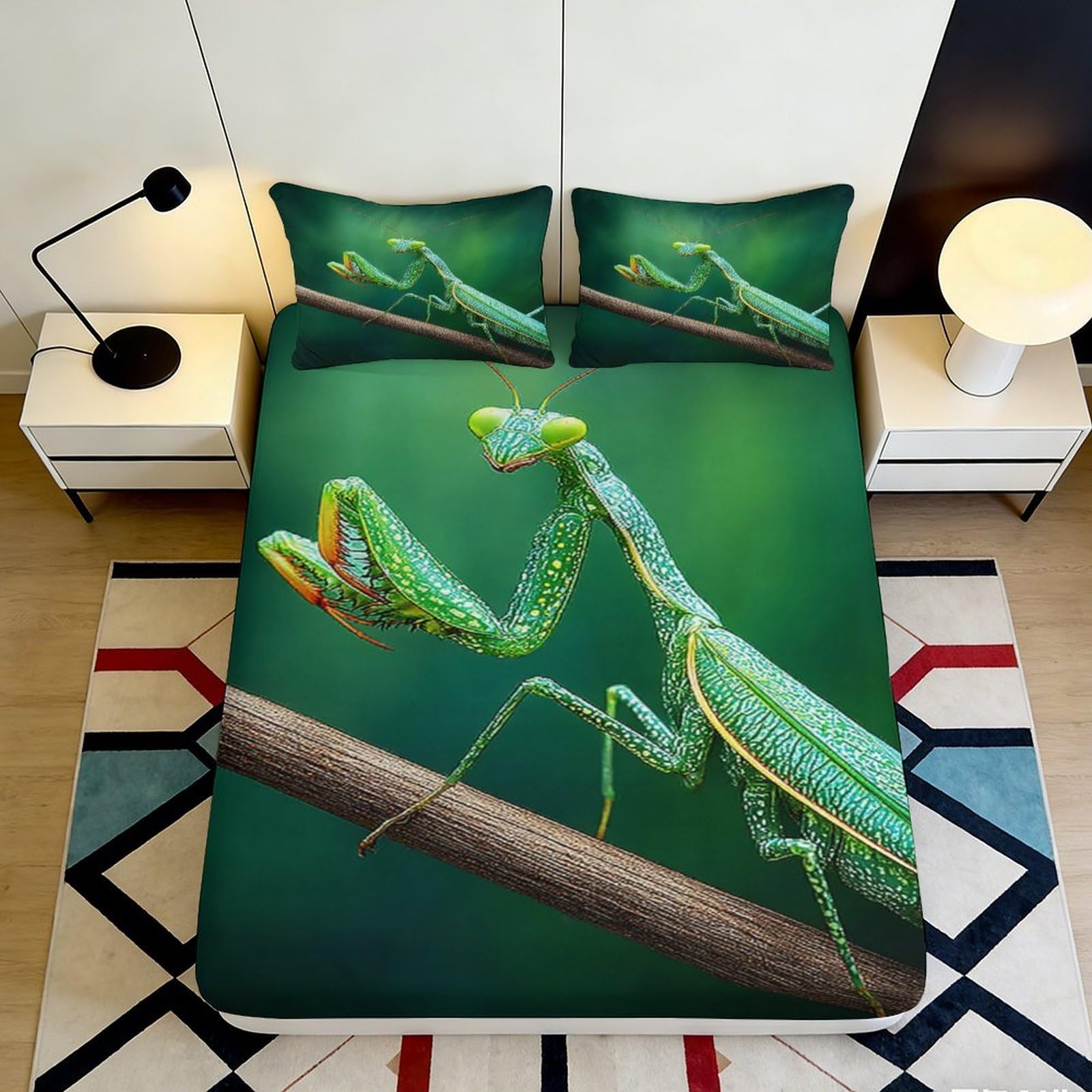 3D Printed Praying Mantis Fitted Sheet Microfiber Soft Green Insect Bed Cover for Bedroom Guest Room Dorm Decor 90x200x25cm