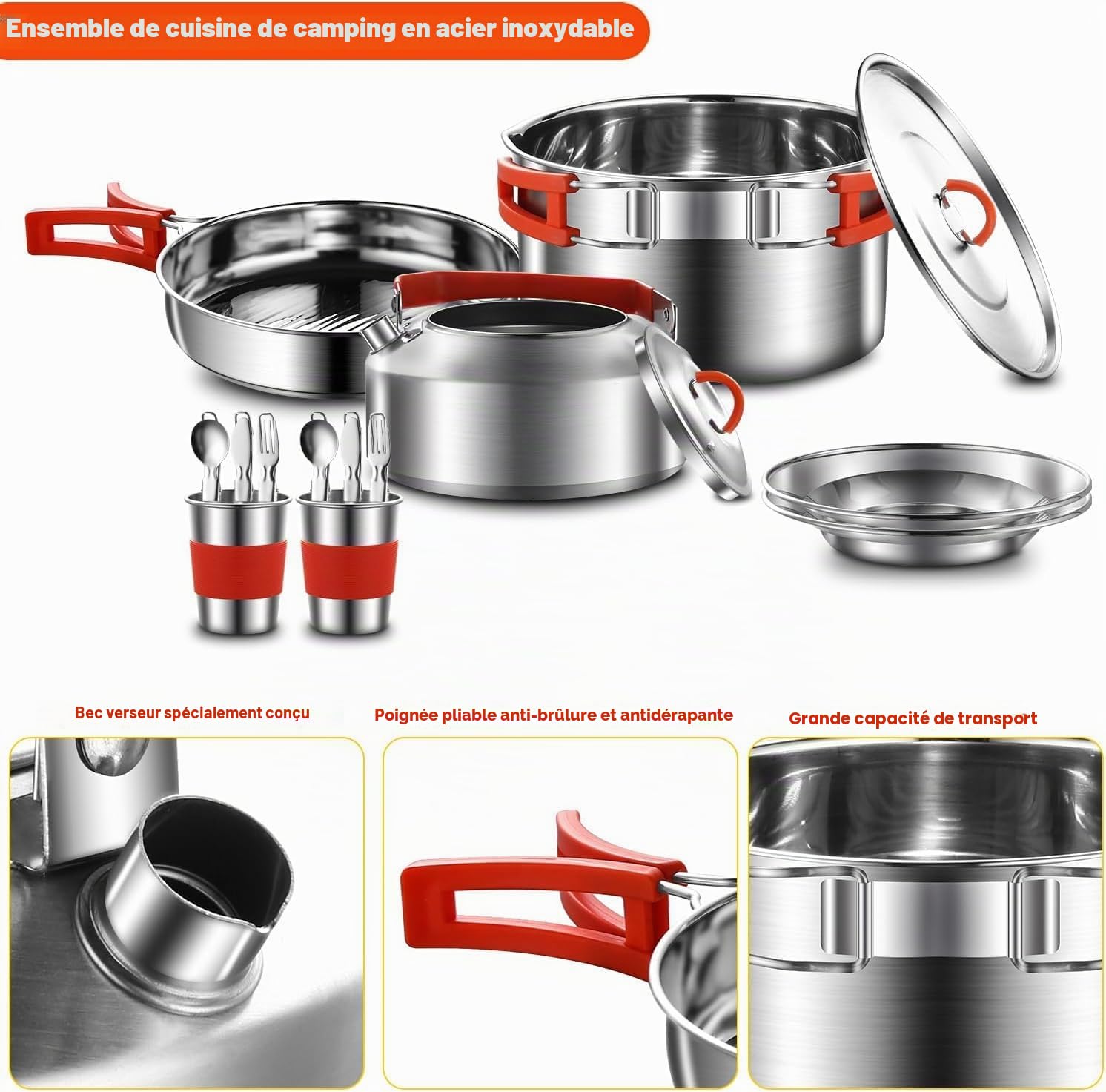 Ensemble de casseroles et poêles de camping en acier inoxydable 304 | Ensemble de cuisine de camping en acier inoxydable 304 avec bouilloire, tasses, assiettes, fourchettes, couteaux