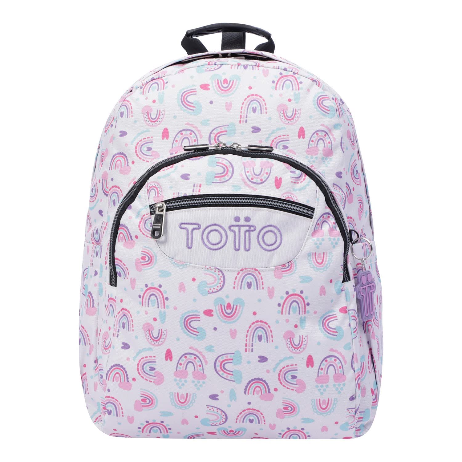 TOTTO Mochila Escolar Adaptable a Carro, Modelo Acuareles, Capacidad 20L, Bolsillo Botella, Espaldar Ergonómico con Flujo de Aire, Correas en S para Mayor Comodidad, Estampado Blanco y Arcoíris Rosa