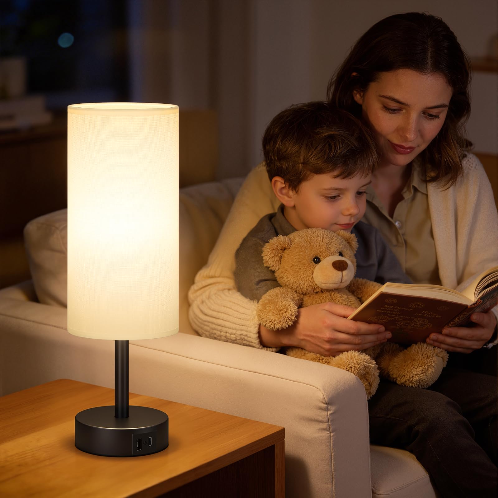 Nachttischlampe Touch Dimmbar, Tischlampe mit USB A+C Ladefunktion, Lampenschirm aus Leinenstoff, Touch Lampe für Nachttisch Wohnzimmer Schlafzimmer Kinderzimmer Büro(Inklusive Birne)