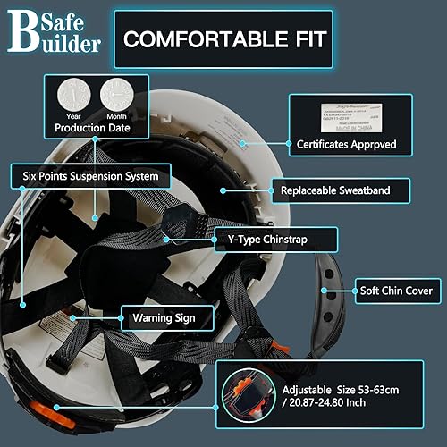 Miniatura 4 de CR06+2V Casco de seguridad de construcción con visera incorporada, casco duro ABS con visera ajustable, protección para la cabeza de trabajo,