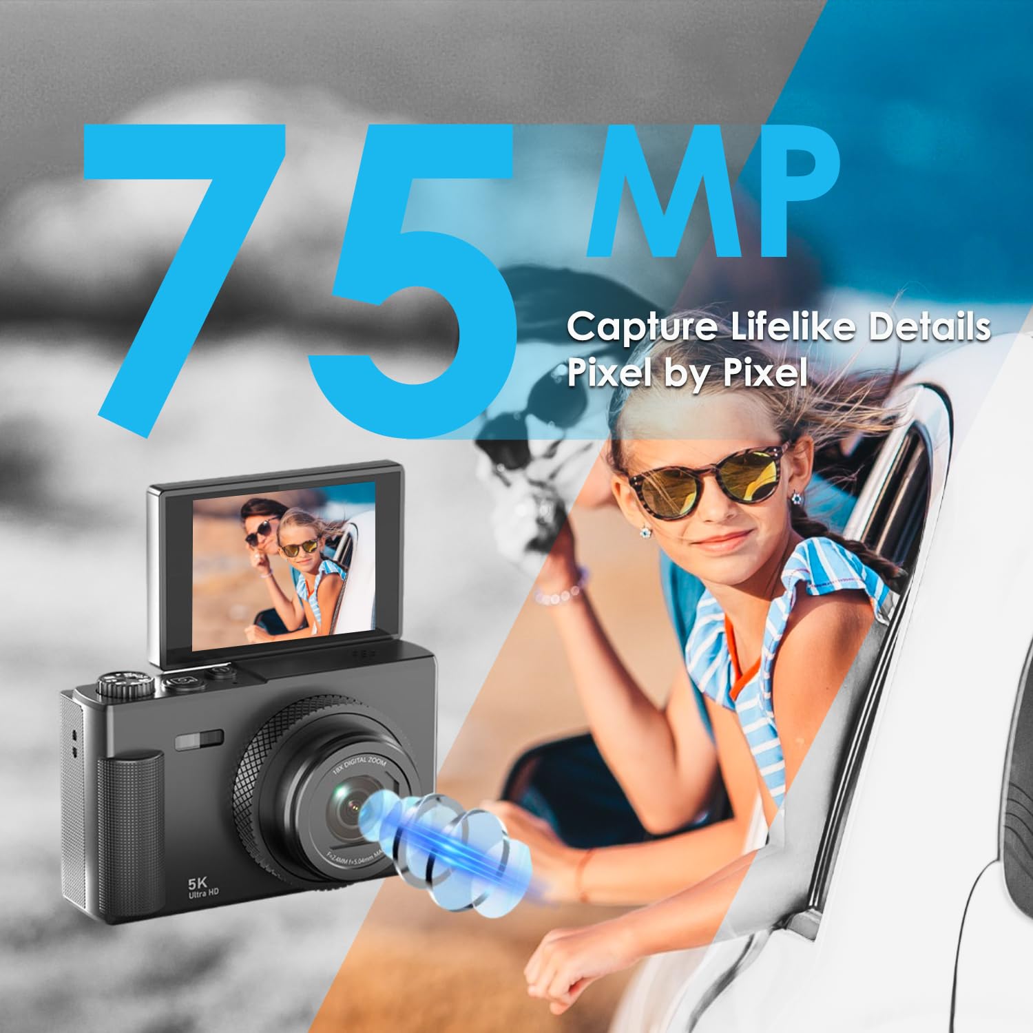 Cámara digital, UHD de 5 K de 75 MP con tarjeta Micro SD de 64 GB, pantalla giratoria de 180 ° de 2,83 pulgadas, Zoom 18X, Anti-Shake, cámara compacta para niños adultos principiantes (Negro)