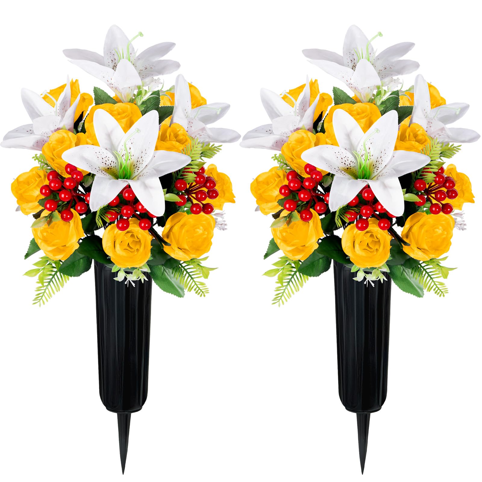 Artificial Cemetery Flowers with Vase, Set of 2 Rose Lily Bouquet Graveside Decoration, Artificial Memorial Flowers for Easter Mother's Day Arrangements (Yellow) image 5