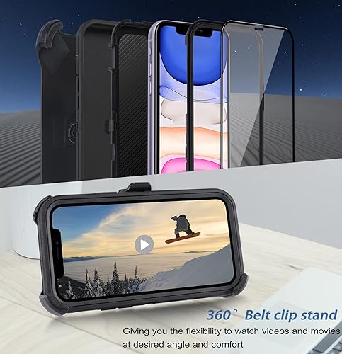 Miniatura 3 de Funda para iPhone 11 con funda de clip para cinturón y 2 protectores de pantalla, protección completa, resistente, a prueba de golpes, funda
