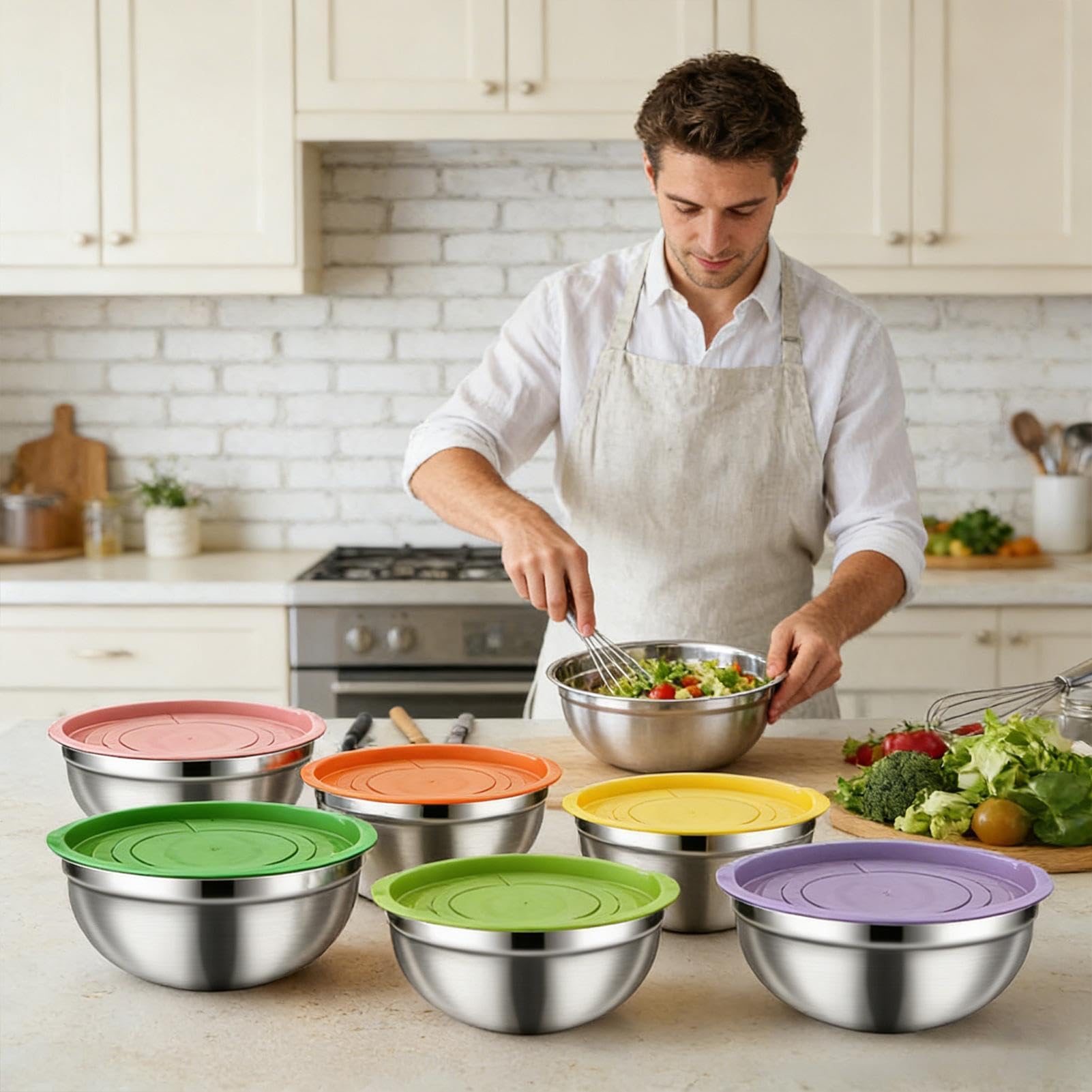 Schüssel-Set mit Deckeln - Luftdichte Deckel aus Edelstahl - Salat- und Gemüseschalen für zu Hause - Bieten Ruhe beim Schlagen oder Kneten von Teig, insbesondere in Umgebungen