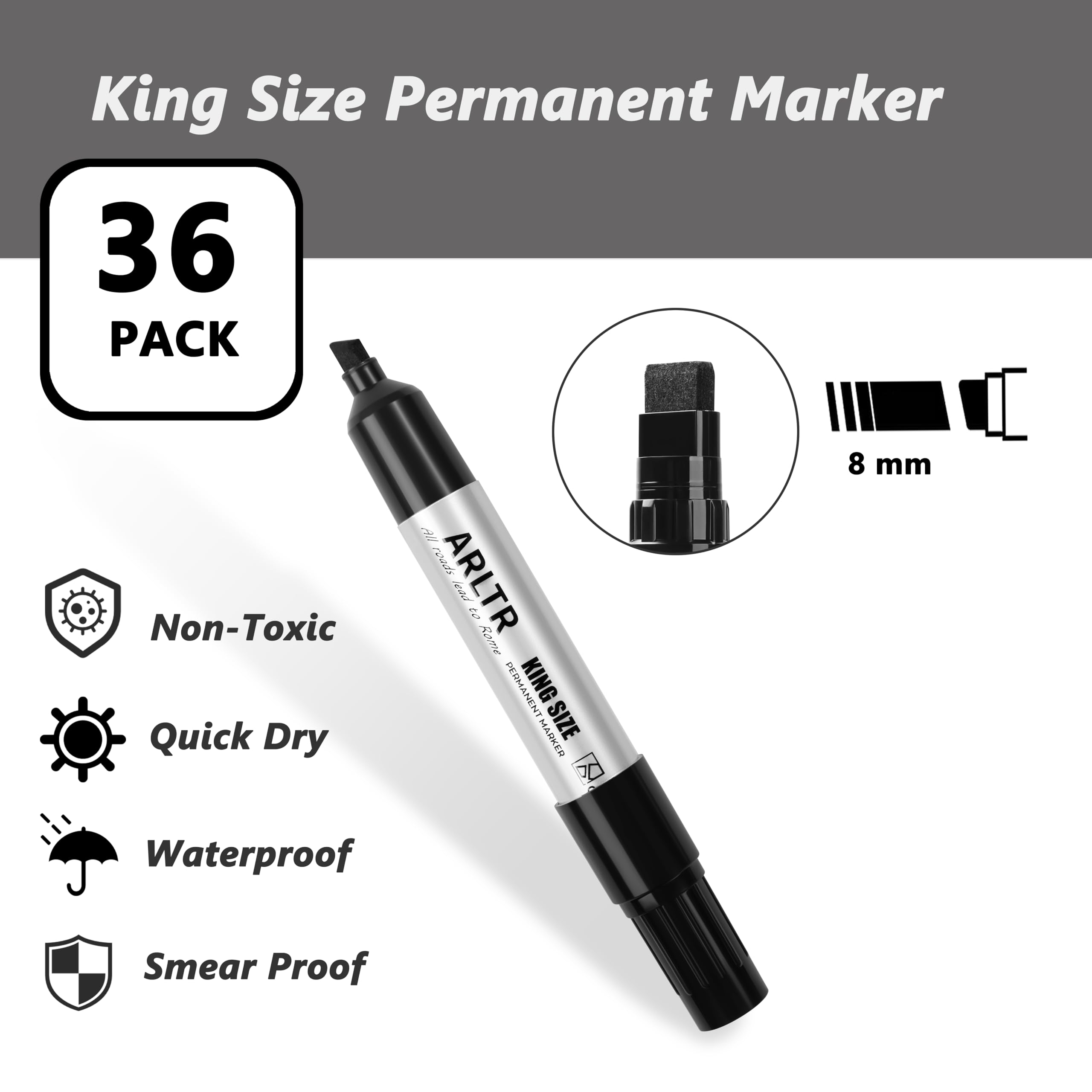 ARLTR Markery permanentne King Size (czarne), duża końcówka dłuta, działa na tworzywie sztucznym, drewnie, kamieniu, metalu, szkle i tablicach plakatowych do bazgrołów, kolorowania