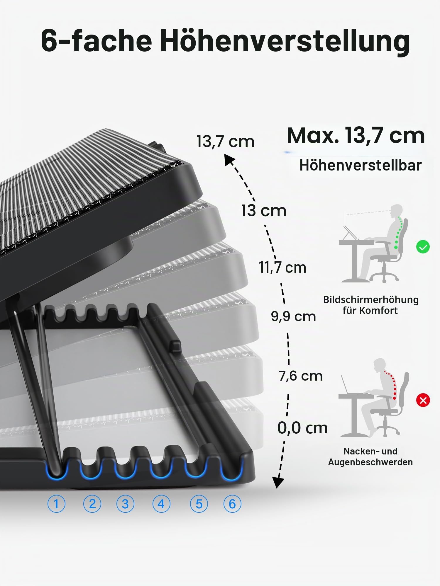 Kootek Laptop-Kühlkissen, 30,5 cm - 43,2 cm, 5 leise Lüfter, LED-Lichter und 2 USB-2.0-Anschlüsse, verstellbare Halterungen, Laptop-Ständer, Höhenwinkel, blau