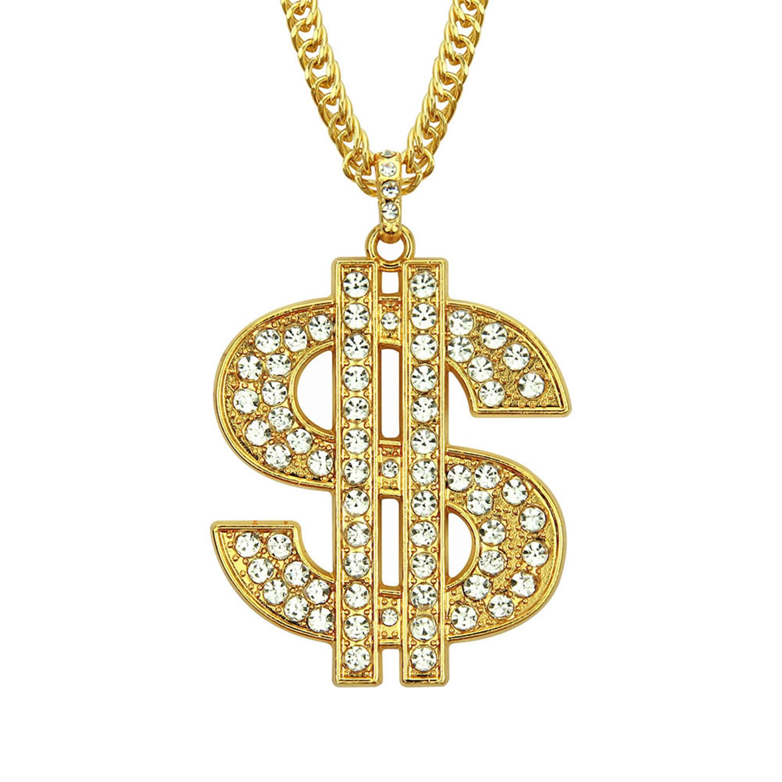 FORUBUS Bold Gold Dollar Sign Pendant Necklace - Hip Hop Style Rhinestone Money Charm Chunky Chain Necklace Women Men Rapper Bar Party Jewelry