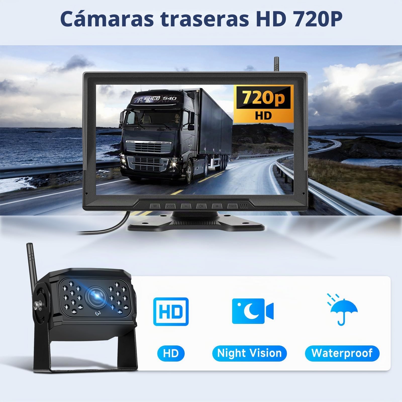 Podofo Cámara Trasera inalámbrica Digital 4 con Monitor de 10.1", HD 720P, IP68, visión Nocturna Impermeable, Sistema de 4 cámaras de Respaldo divididas para camión, Remolque y Caravana