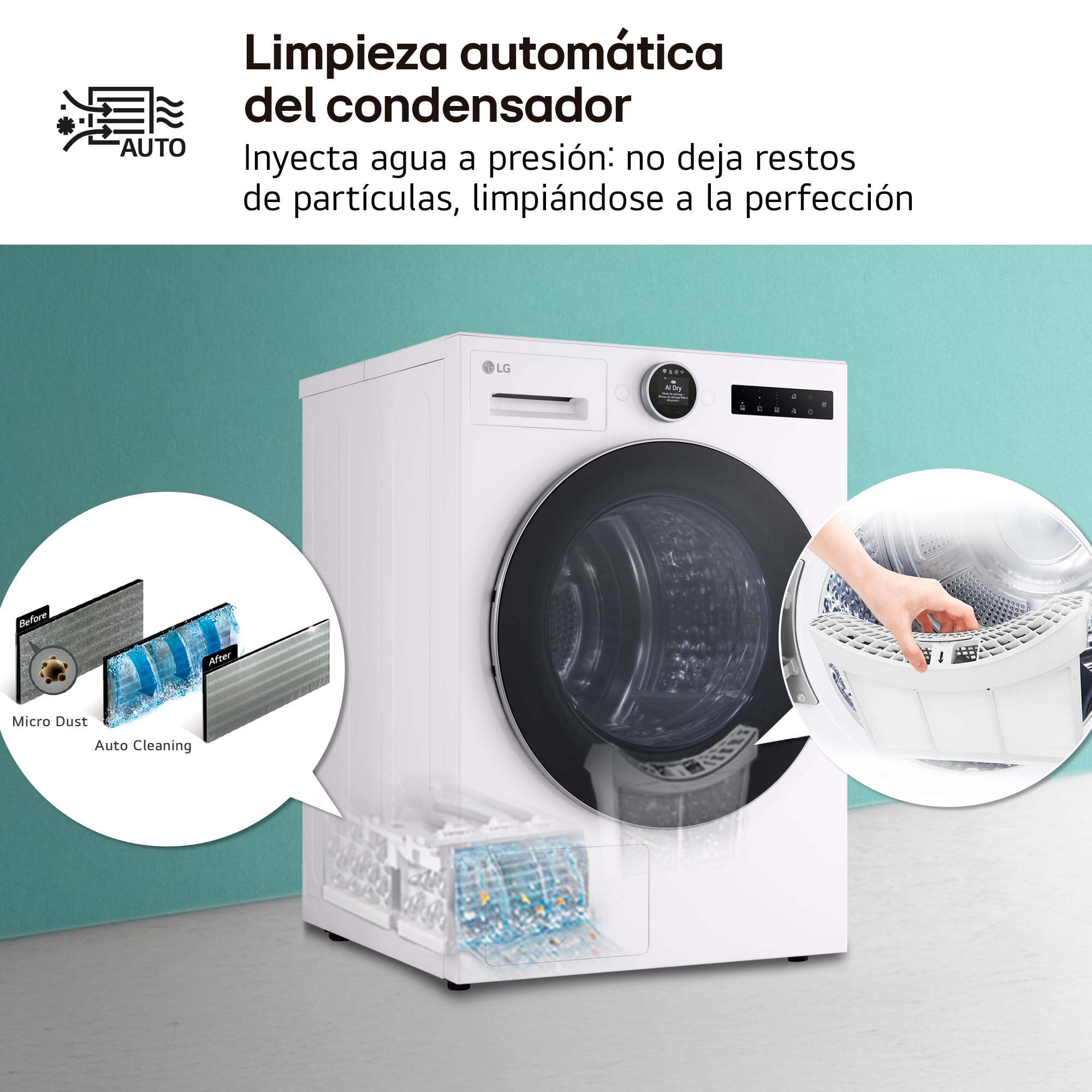 LG RHX7009TWS - Secadora con Inteligencia Artificial 9 kg, Bomba de Calor Dual Inverter, Eficiencia B, Serie 700, Tecnología AI Dry, Eco Hybrid, Conectividad Wi-Fi ThinQ, Blanco