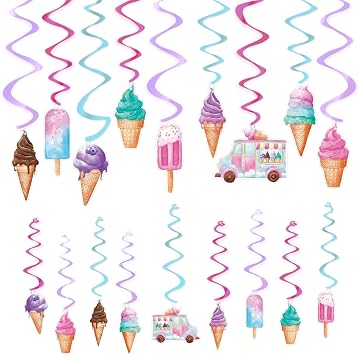 WERNNSAI 18PCS Ice Cream Hanging Swirls Party Decorations Summer Ceiling Streamers Decor Sweet Ice Cream Party Swirls Supplies for Girls Birthday Baby Shower