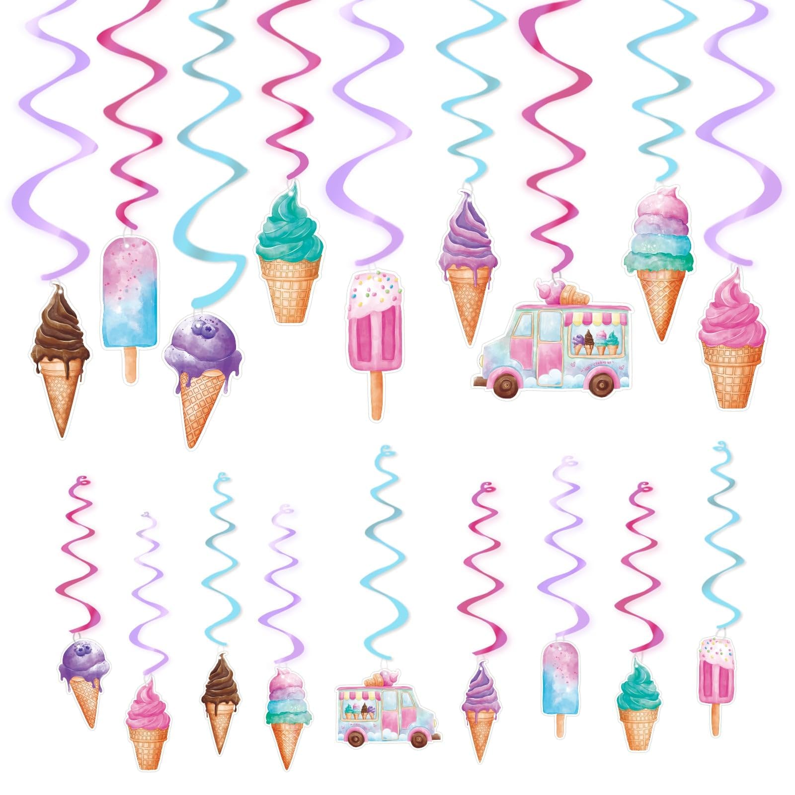 WERNNSAI Ice Cream Hanging Swirls - 18 PCS Ice Cream Party Decorations for Kids Girls Birthday Party Ceiling Decorations for Sweet Party Supplies Summer Party Decor Hanging Streamers