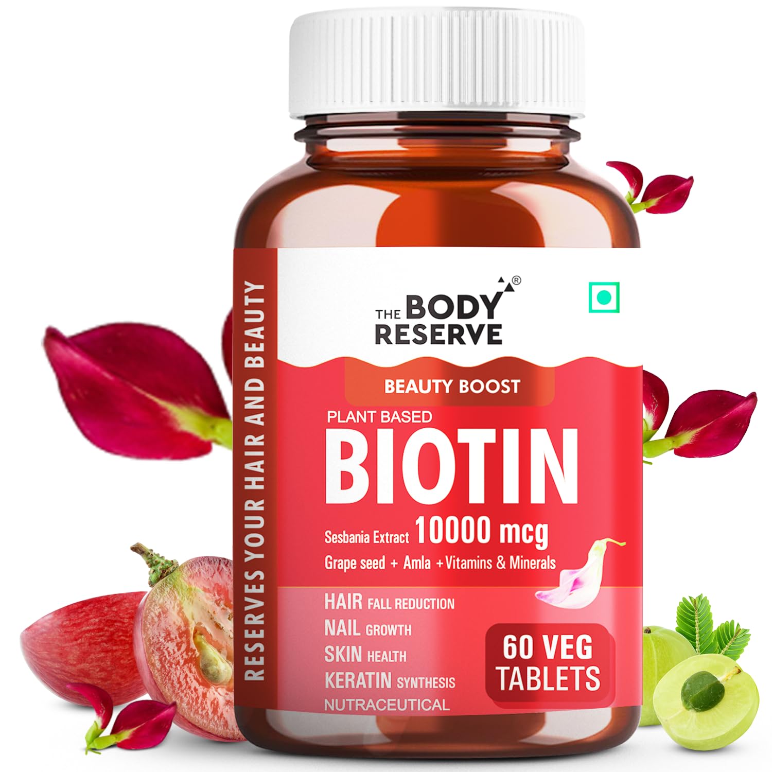 The Body Reserve Plant-Based Biotin Tablets - 60 Veg Tablets, Biotin from Sesbania Extract with Amla & Grapeseed - Supports Hair, Skin, and Nails - For Men & Women