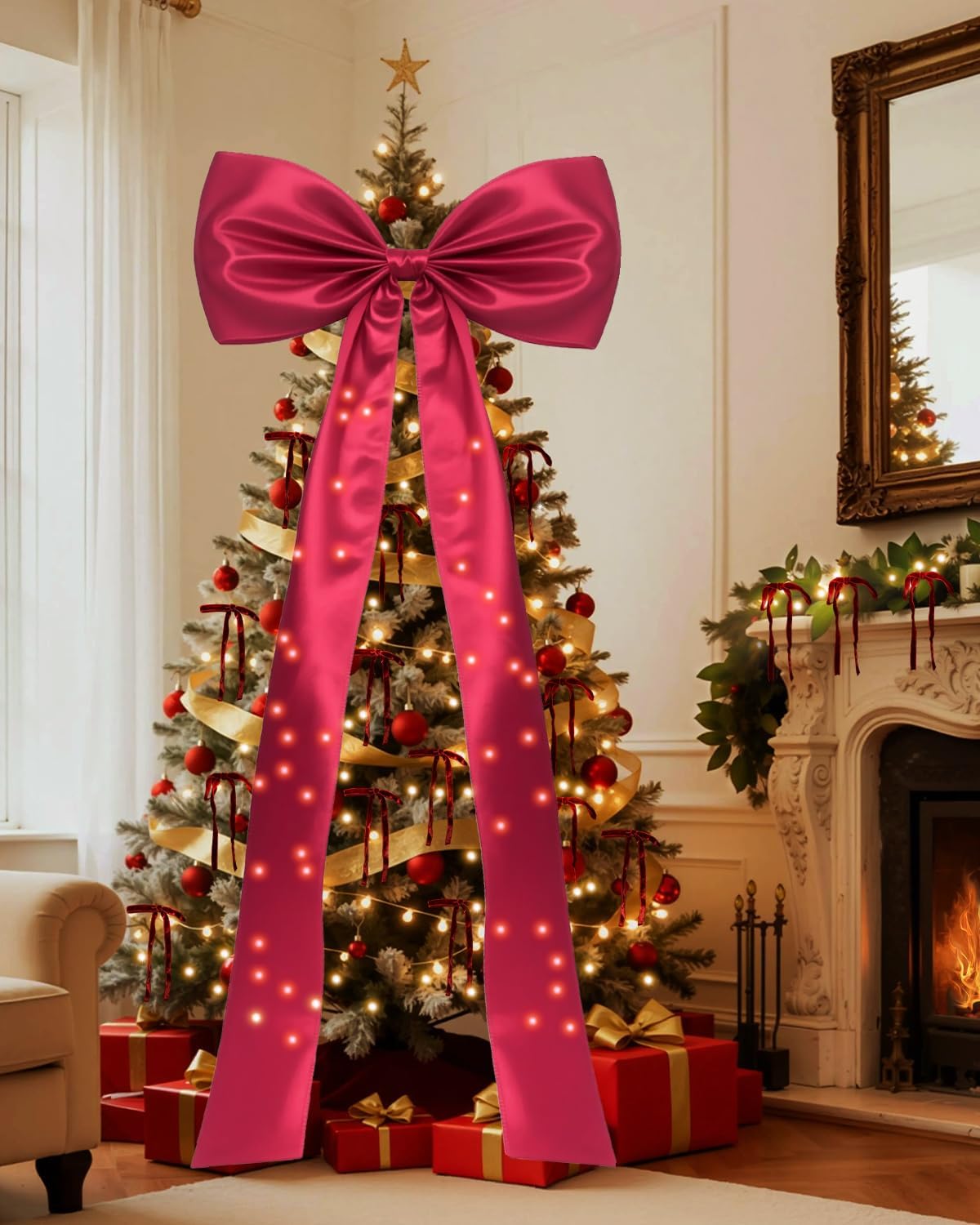 Christmas Tree Topper Bow, 28 x 82 Inch Large Wine Red Christmas Bow with 30Pcs 5 x 7 Inch Small Red Velvet Bows for Christmas Tree, for Gift Wrapping Wreath, Home Indoor Outside Xmas Decor
