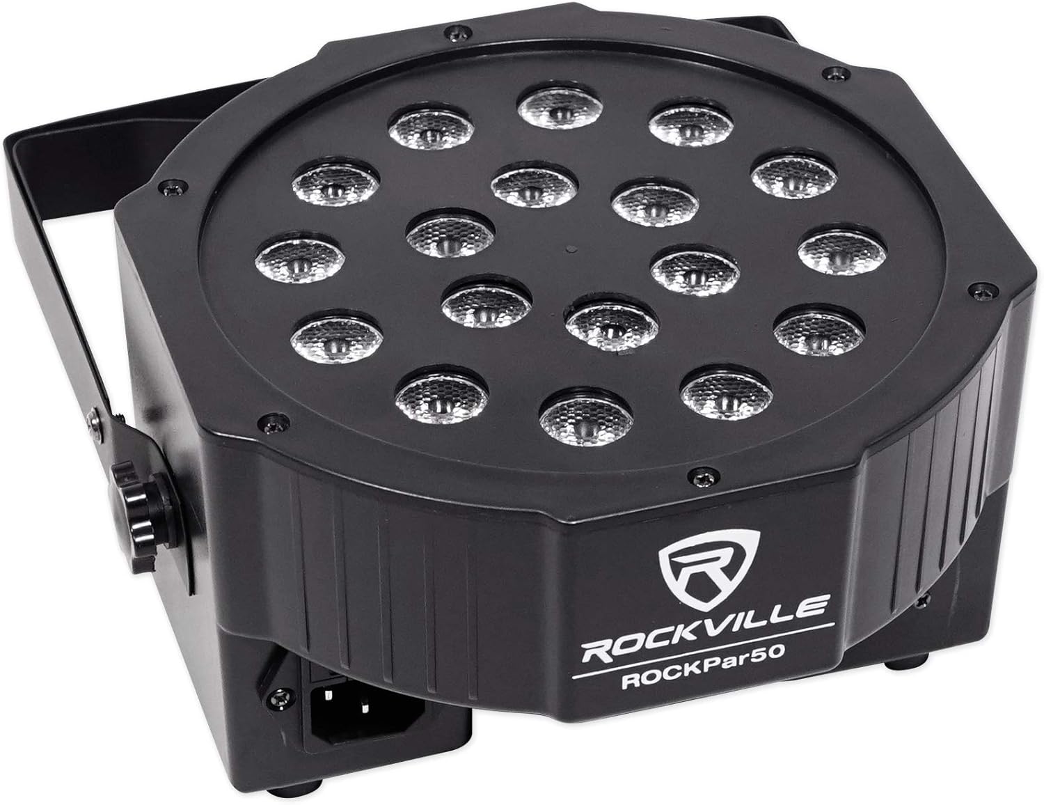 Front view of the Rockville RockPAR50 LED Par Light displaying its RGB LEDs.