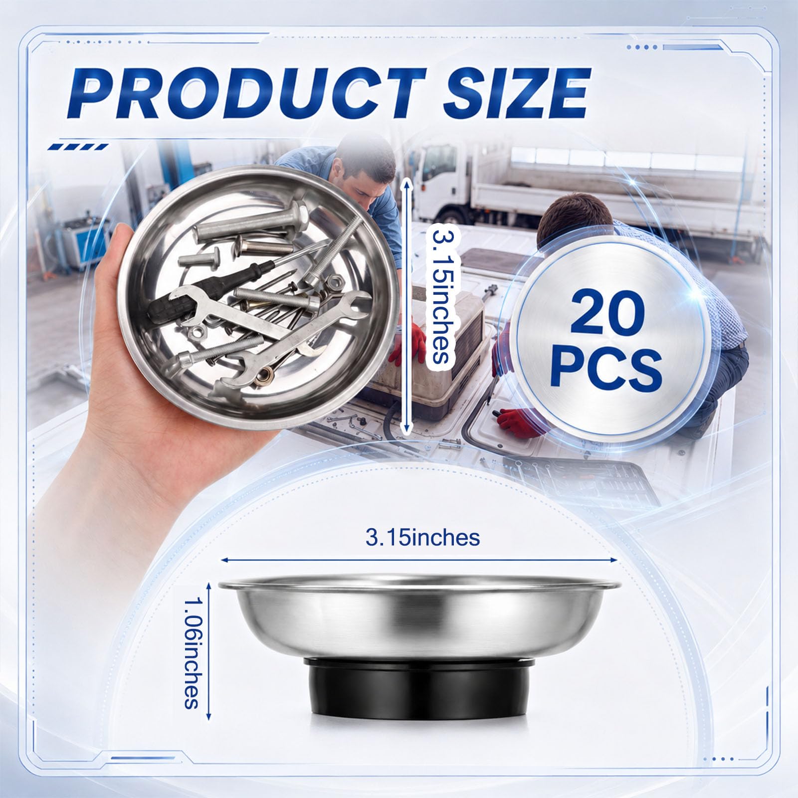 Shimeyao Magnetische Teileablage 7,6 cm, Edelstahl, magnetisches Werkzeugschüssel-Set, doppelseitig, magnetisch, mit starkem Gummi überzogenem Magnet, Kleinteilehalter für Schrauben, Muttern, Bolzen