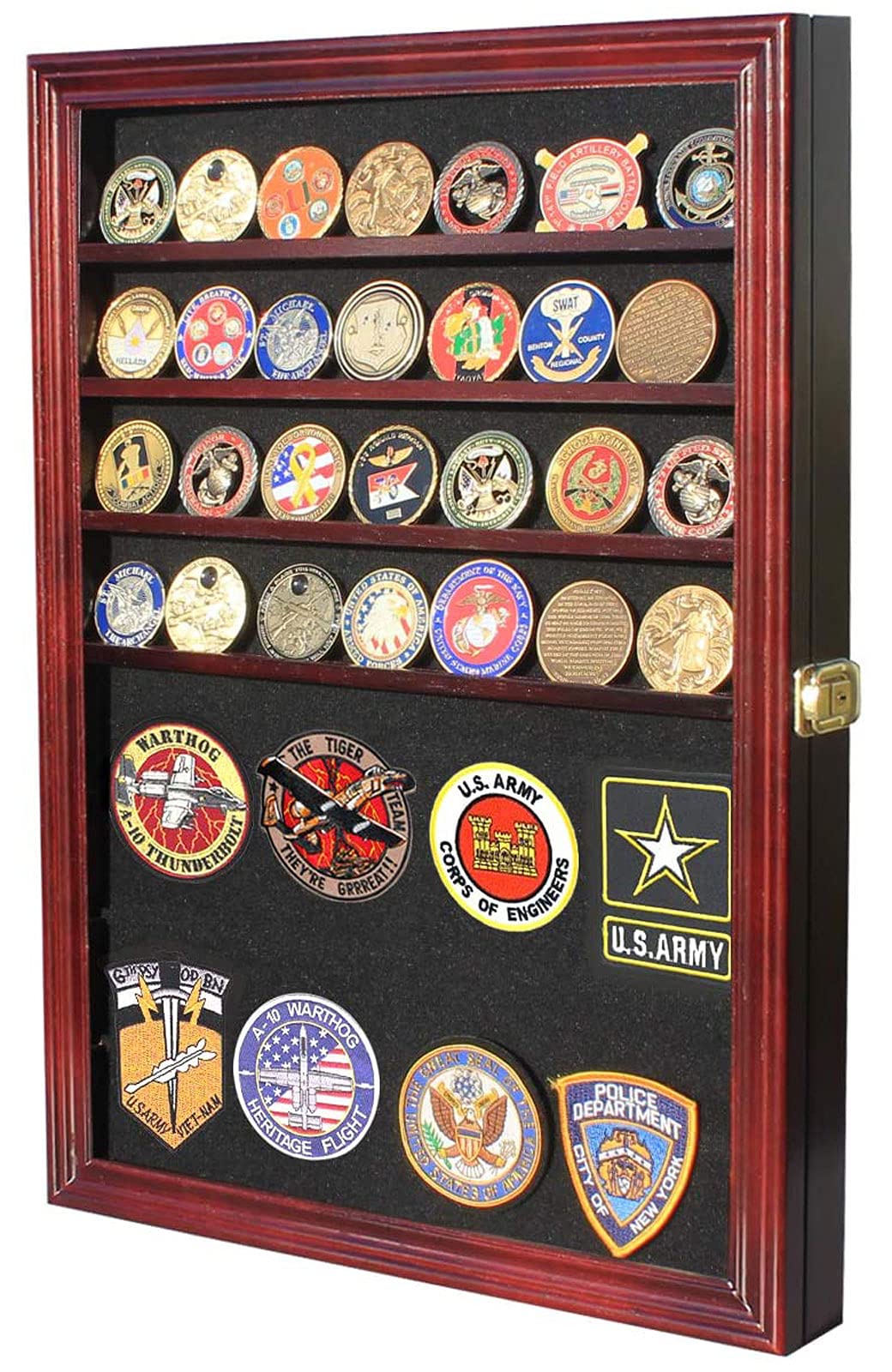 DisplayGifts Challenge Coin Display Case Medals Pins Badges Ribbons Insignia Buttons Military Shadow Box Cabinet (Mahogany Finish)