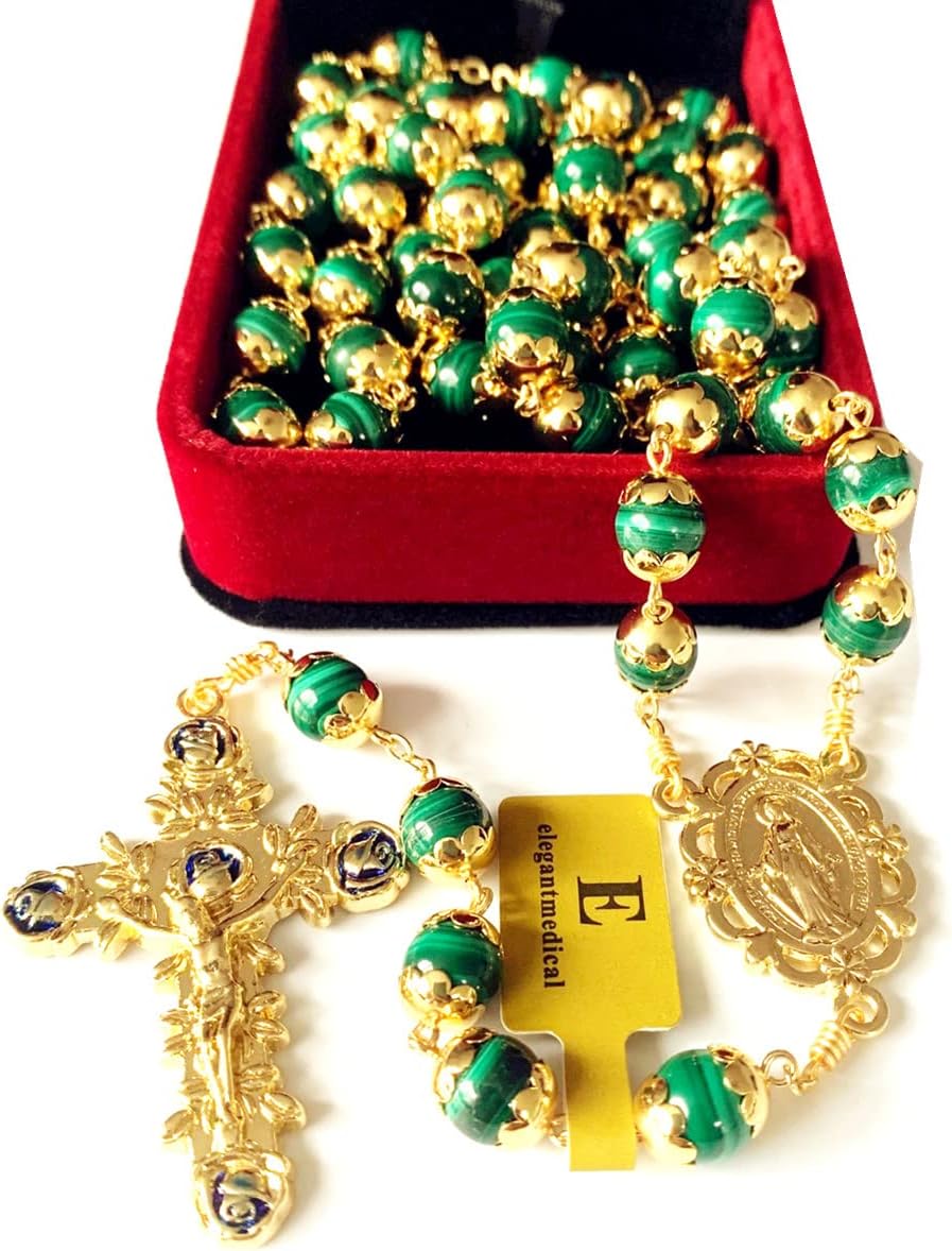 elegantmedical HANDMADE UNDOUBTED Malachite GOLD Rosary Prayer Beads Necklace Catholic Gift & Box