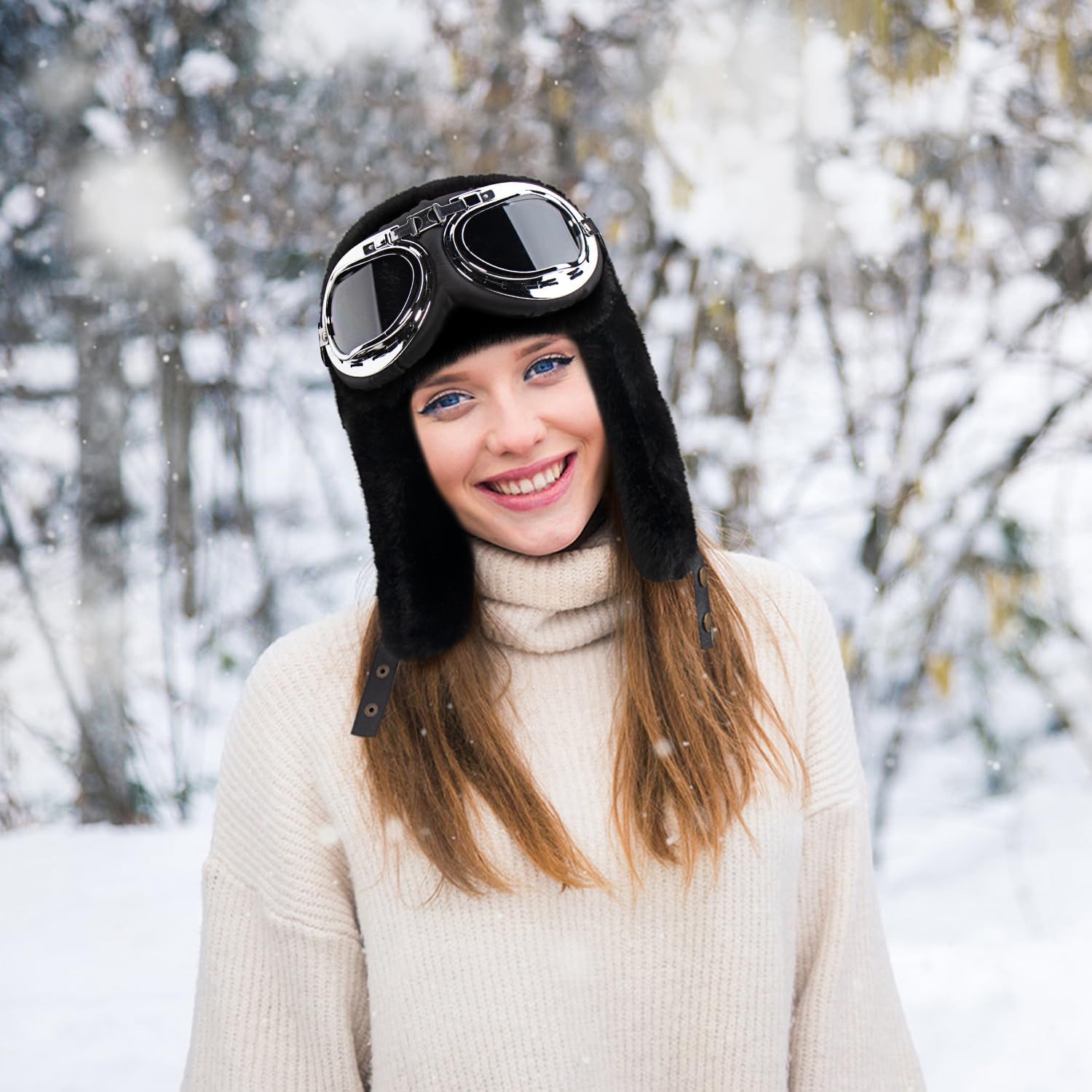 Peicees Trapper Hat with Goggles Winter Fur Ear Flap Hat Vintage Helmet Goggles Ushanka Aviator Pilot Costume Adult Men Women - Image 7