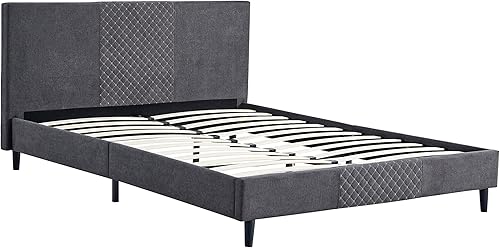 Miniatura 5 de Cama de plataforma tapizada tamaño King, marco de cama de madera King con cabecera para dormitorio, no necesita somier (gris)