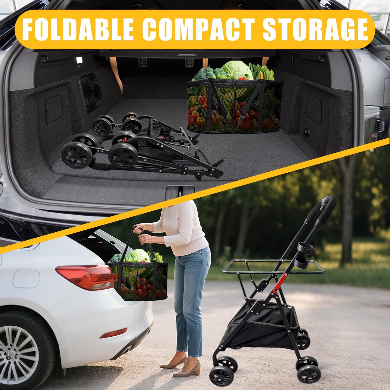 Upgraded Folding Shopping Cart (80 lbs), Detachable Baskets & 360°Swivel Wheels, Ultra-Light Frame, Lightweight Hand Cart 40 Gallon Large Capacity for Groceries, Laundry, Camping