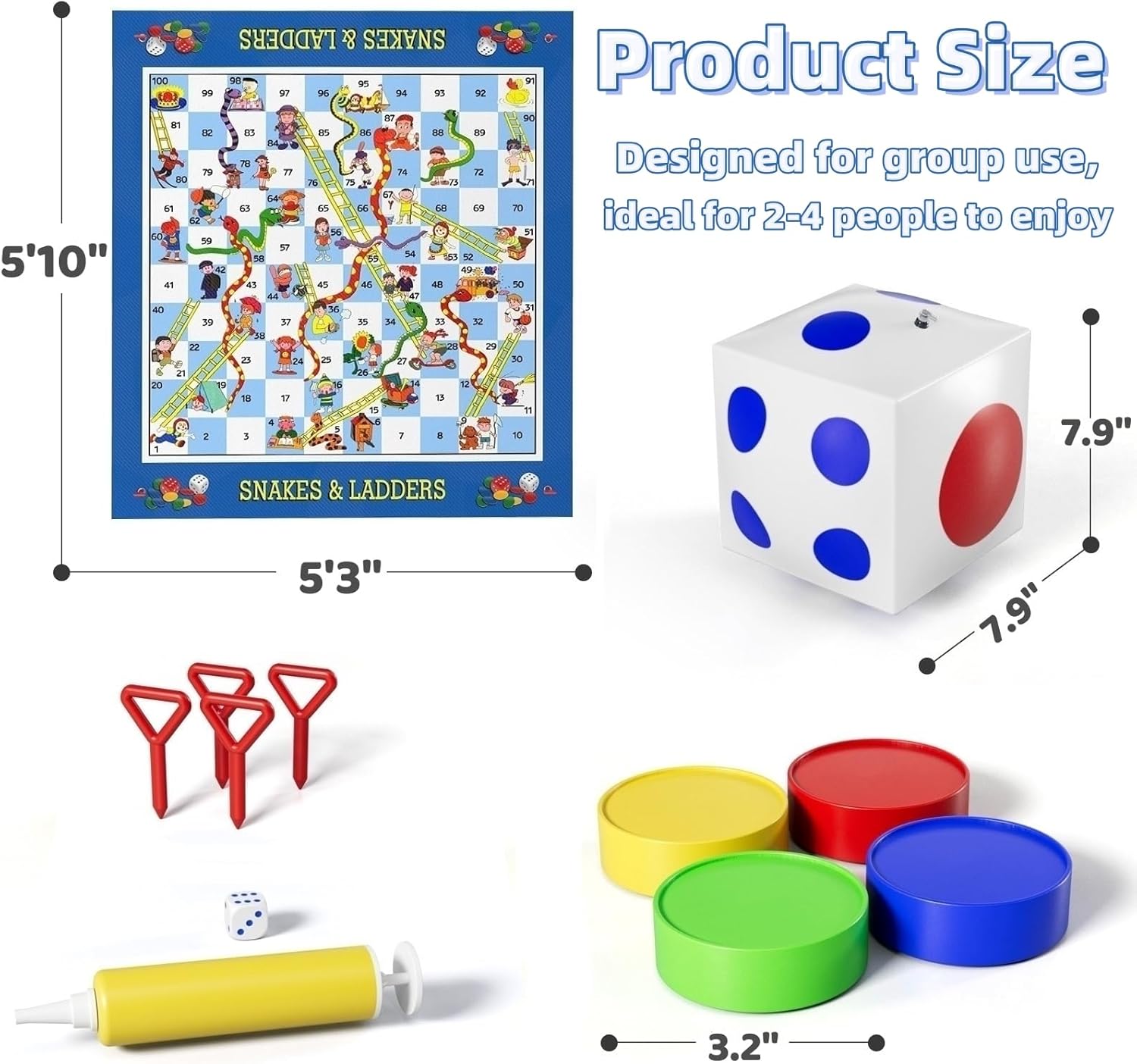 Snakes and Ladders Board Game for Kids and Adults - Extra-Large 5.8 ft Indoor Outdoor Floor Game Mat with Inflatable Dice and Game Pieces, Educational Birthday Toy for Boys and Girls Ages 3+