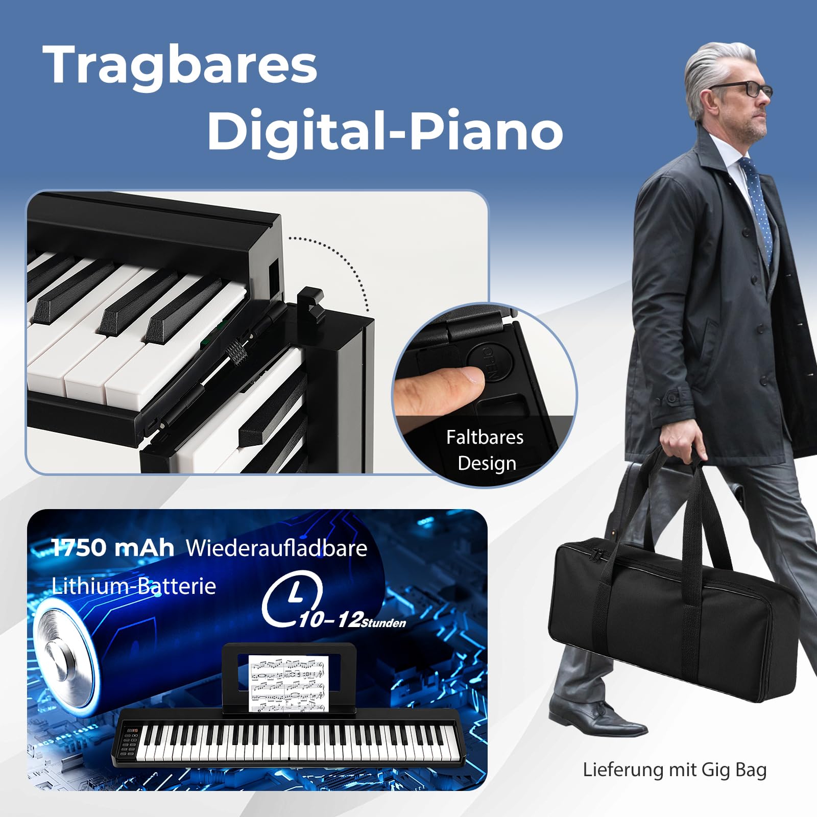 GOPLUS Digital Keyboard z 61 klawiszami, składana klawiatura fortepianowa z półważonymi klawiszami, stojak na nuty, funkcja duetu, elektroniczne pianino z 128 dźwiękami, 128 rytmami i 15 utworami demo