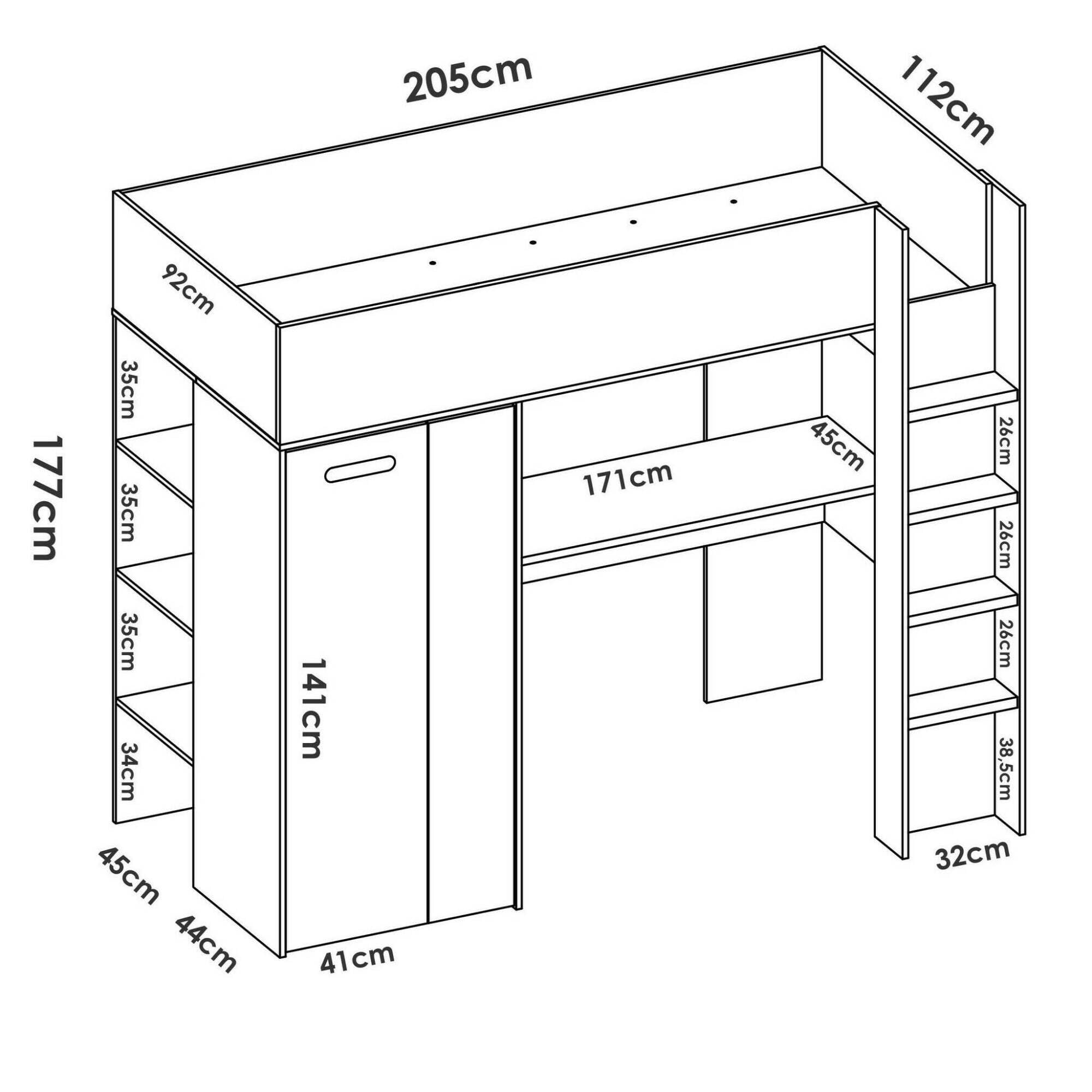 Dmora - Composizione camera da letto Focoletta, Stanza da letto completa, Cameretta per bambini, Set per arredo a ponte, 206x111 h178 cm, Bianco e Rovere