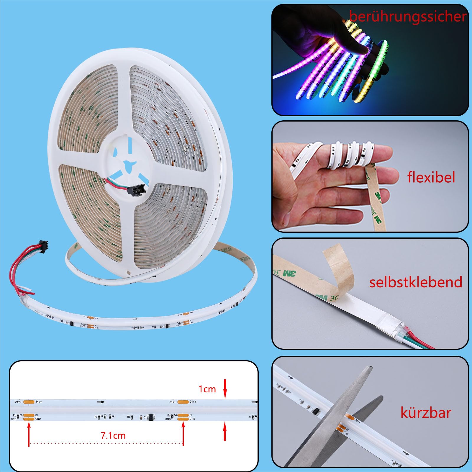 RGBW IC COB LED Streifen 10m 24V WS2811 Adressierbare CRI 90+ Kit | RGB+6000K Kaltweiß 7840 LEDs Mehrfarbig Dimmbar Selbstklebend APP Steuerung Musik Sync für Wohnzimmer Gaming Party Deko