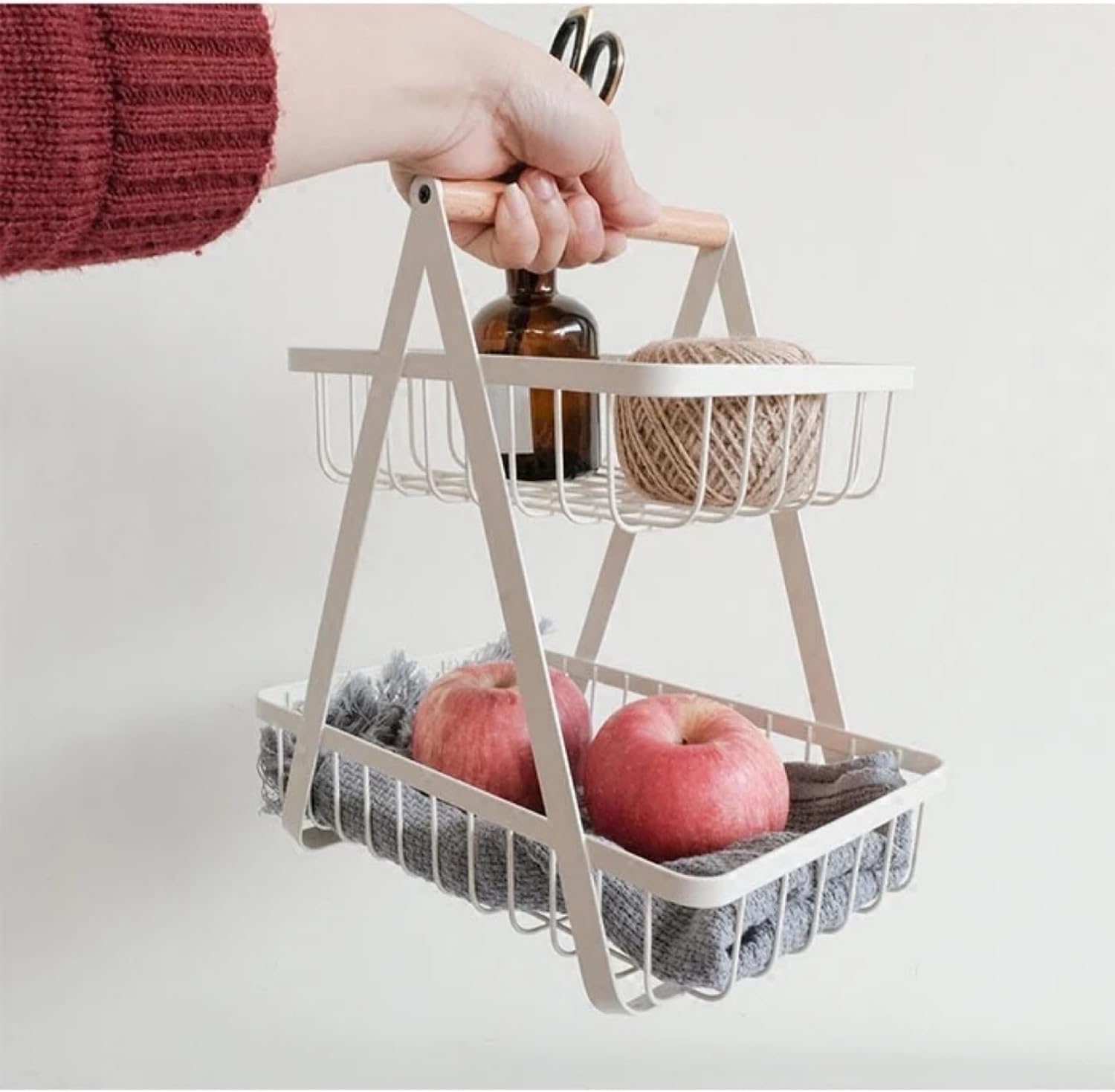 LANDTOM® 2 Tier Countertop Fruit Basket Bowl for Kitchen, Kitchen Counter Metal Wire Storage Basket Fruits Stand Holder Organizer for Bread Snack Veggies Produce Rectangular, White