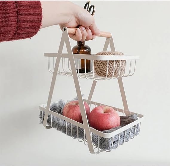 LANDTOM 2 Tier Countertop Fruit Basket Bowl for Kitchen, Kitchen Counter Metal Wire Storage Basket Fruits Stand Holder Organizer for Bread Snack Veggies Produce Rectangular, White