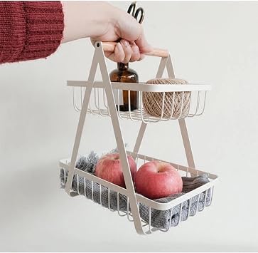 LANDTOM 2 Tier Countertop Fruit Basket Bowl for Kitchen, Kitchen Counter Metal Wire Storage Basket Fruits Stand Holder Organizer for Bread Snack Veggies Produce Rectangular, White