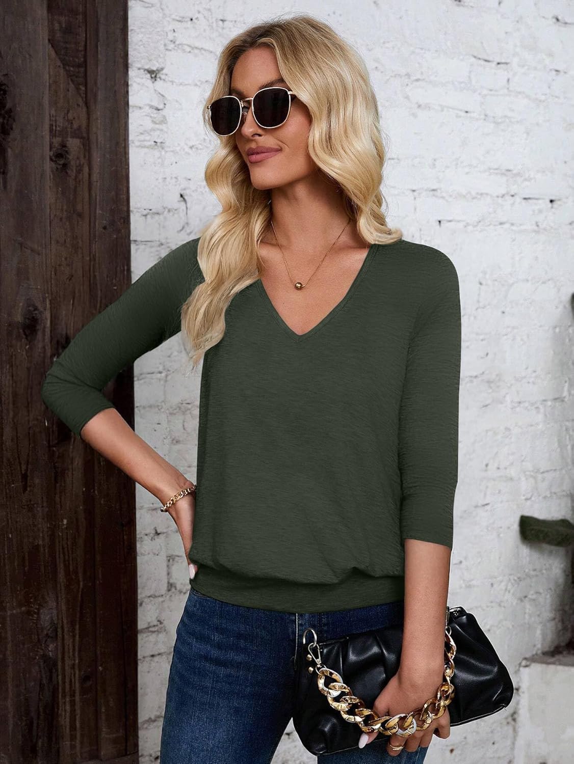 3/4 Length Sleeve Womens Tops V Neck Blouse Banded Bottom Shirts Fashion Tunic 2026 Fall Tees Spring Summer Clothes - Image 6