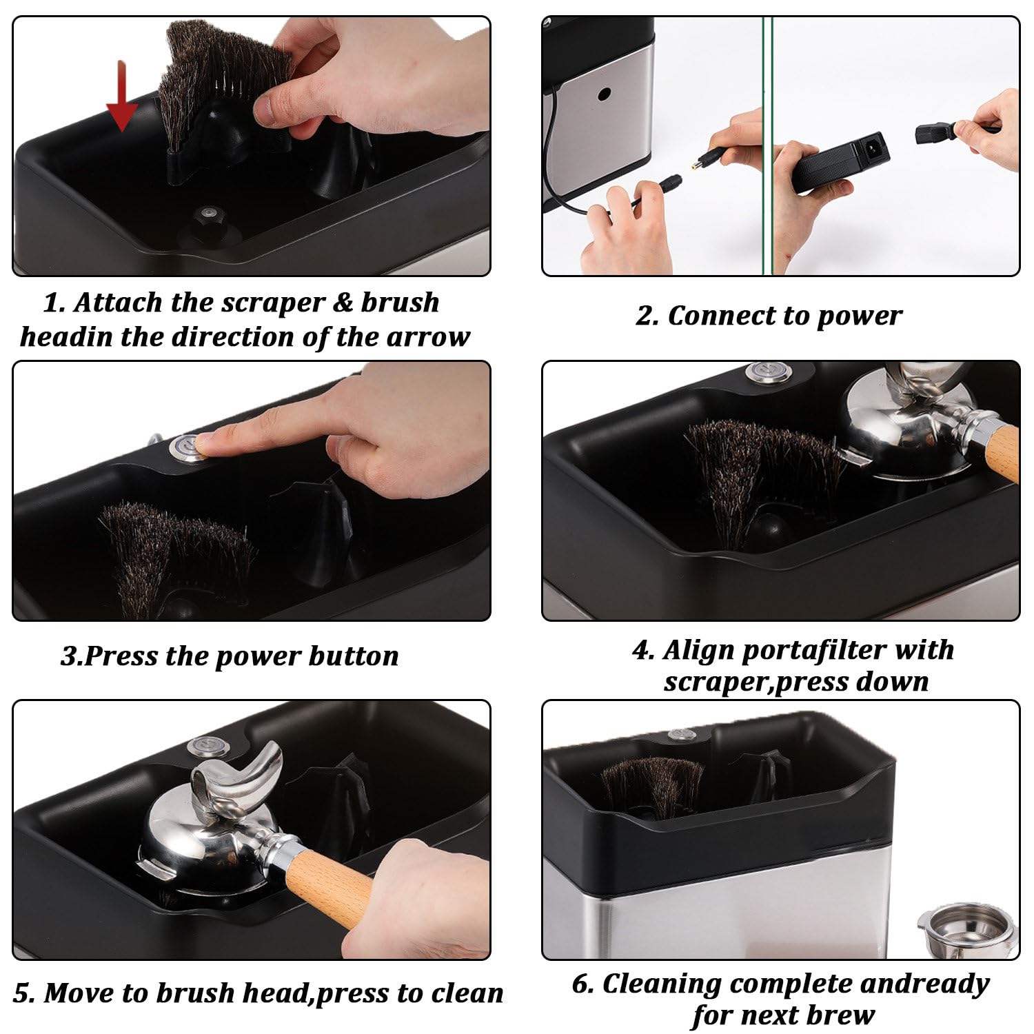 Machine de Nettoyage Automatique de Porte-Filtre, Nettoyeur électrique de Marc de café avec 2 racleurs et 1 tête de Brosse, 58 mm, 3 Modes de Montage Silver