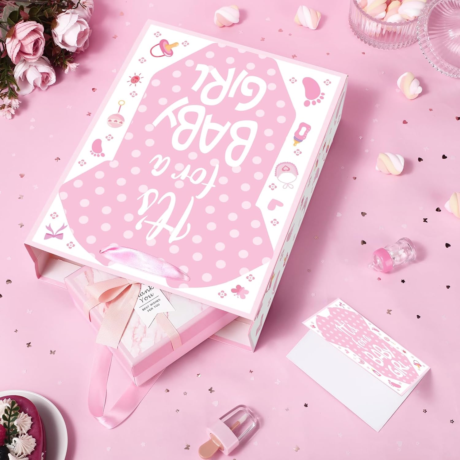 Wayyogh Baby Shower Paper Bag, Pink Baby Clothes Gift Bag with Greeting Card and Tissue Paper Wrap Bags with Handles for Birthday Gender Reveal Party Favors Decorations Supplies - Image 2
